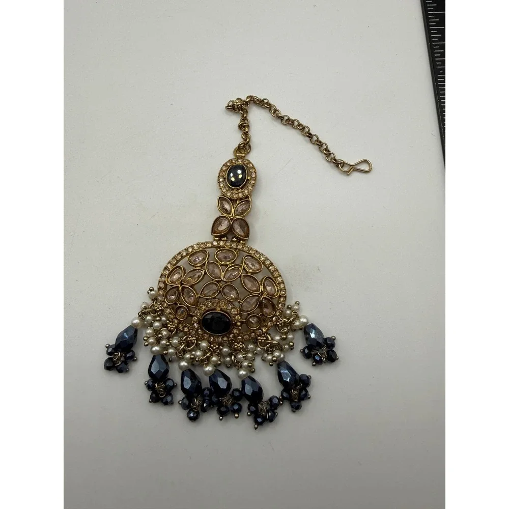 Gold Tone Maang Tikka Navy‎ Blue Crystal Faux Pearl Indian Bridal Headpiece
